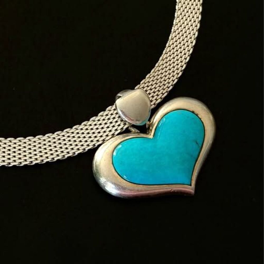 Artisan Heavy Sterling Silver Turquoise Heart Necklace • 18”